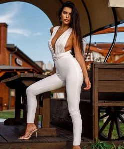 Trendy & Unique Glitter Crisscross Backless Self Tie Deep V Neck Jumpsuit - White