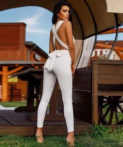 Trendy & Unique Glitter Crisscross Backless Self Tie Deep V Neck Jumpsuit - White