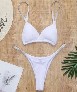 Trendy & Unique Glitter Rhinestone String Sliding Triangle Brazilian Bikini Set - White What's New