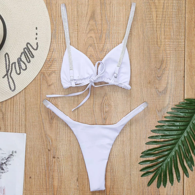 Trendy & Unique Glitter Rhinestone String Sliding Triangle Brazilian Bikini Set - White What's New 5 Trendy & Unique Glitter Rhinestone String Sliding Triangle Brazilian Bikini Set - White What's New