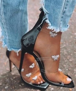 Trendy & Unique What's New Glittering Butterfly Trim Strappy Square Toe High Heel Sandals - Black