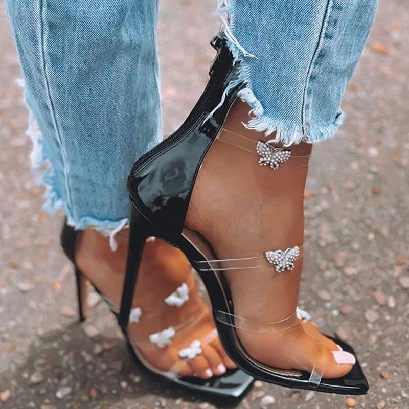 Trendy & Unique What's New Glittering Butterfly Trim Strappy Square Toe High Heel Sandals - Black 3 Trendy & Unique What's New Glittering Butterfly Trim Strappy Square Toe High Heel Sandals - Black