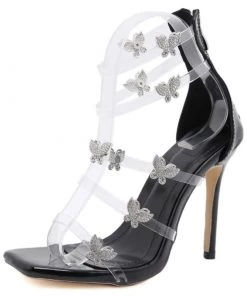 Trendy & Unique What's New Glittering Butterfly Trim Strappy Square Toe High Heel Sandals - Black 6 Trendy & Unique What's New Glittering Butterfly Trim Strappy Square Toe High Heel Sandals - Black