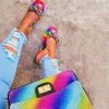 Trendy & Unique What's New Glittering Gem Bowknot Trim Rainbow Print Square Toe Slippers - Colorful