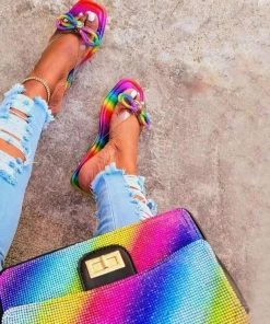Trendy & Unique What's New Glittering Gem Bowknot Trim Rainbow Print Square Toe Slippers - Colorful
