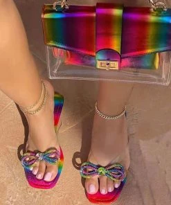 Trendy & Unique What's New Glittering Gem Bowknot Trim Rainbow Print Square Toe Slippers - Colorful