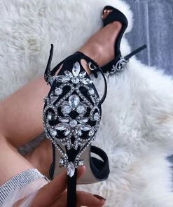 Trendy & Unique Glittering Gem Peep Toe Ankle Strap High Heel Sandals - Black What's New