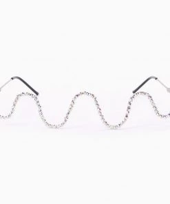 Trendy & Unique Glittering Rhinestone Wave Lensless Eyeglass Half Frame - Silver