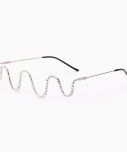 Trendy & Unique Glittering Rhinestone Wave Lensless Eyeglass Half Frame - Silver