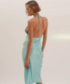 Trendy & Unique Glossy Backless Pleated Halter V Neck Cocktail Midi Dress - Blue