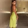 Trendy & Unique Glossy Backless Pleated Halter V Neck Cocktail Midi Dress - Green What's New