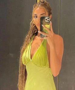 Trendy & Unique Glossy Backless Pleated Halter V Neck Cocktail Midi Dress - Green What's New