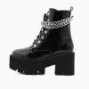 Trendy & Unique Glossy Chain-Link Lace Up Chunky Heel Platform Boots - Black What's New