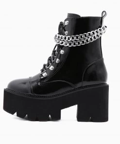 Trendy & Unique Glossy Chain-Link Lace Up Chunky Heel Platform Boots - Black What's New