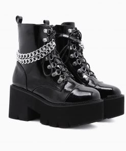 Trendy & Unique Glossy Chain-Link Lace Up Chunky Heel Platform Boots - Black What's New