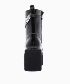 Trendy & Unique Glossy Chain-Link Lace Up Chunky Heel Platform Boots - Black What's New