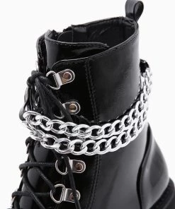 Trendy & Unique Glossy Chain-Link Lace Up Chunky Heel Platform Boots - Black What's New