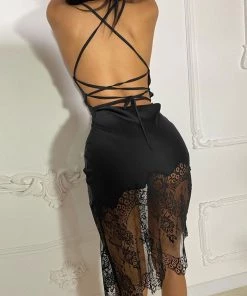 Trendy & Unique Glossy Cowl Neck Backless Lace Panel Satin Midi Dress - Black