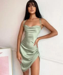 Trendy & Unique What's New Glossy Cowl Neck Backless Ruched Slit Satin Mini Dress - Green