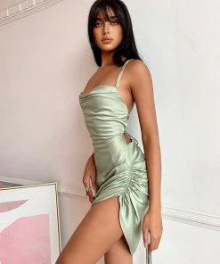 Trendy & Unique What's New Glossy Cowl Neck Backless Ruched Slit Satin Mini Dress - Green