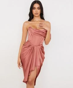 Trendy & Unique What's New Glossy Cowl Neck Satin Corset Cocktail Midi Dress - Dusty Pink