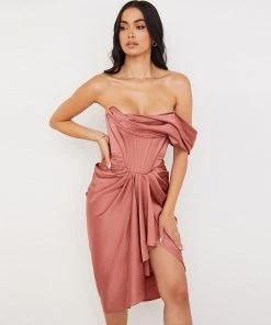 Trendy & Unique What's New Glossy Cowl Neck Satin Corset Cocktail Midi Dress - Dusty Pink