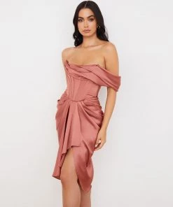 Trendy & Unique What's New Glossy Cowl Neck Satin Corset Cocktail Midi Dress - Dusty Pink