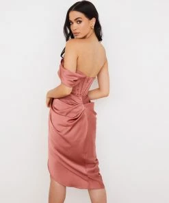 Trendy & Unique What's New Glossy Cowl Neck Satin Corset Cocktail Midi Dress - Dusty Pink
