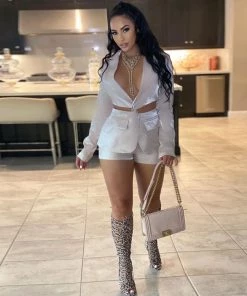 Trendy & Unique Glossy Cut Out Blazer High Waist Short Matching Set - Champagne What's New