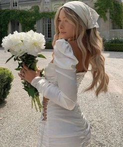 Trendy & Unique Glossy Cut Out Puff Sleeve Lace Up Rhinestone Satin Mini Dress - White What's New 9 Trendy & Unique Glossy Cut Out Puff Sleeve Lace Up Rhinestone Satin Mini Dress - White What's New