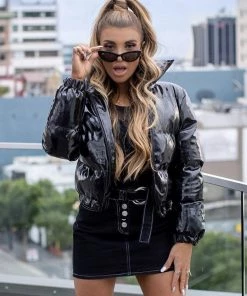 Trendy & Unique Glossy High Neck Long Sleeve Cropped Down Puffer Coat - Black What's New