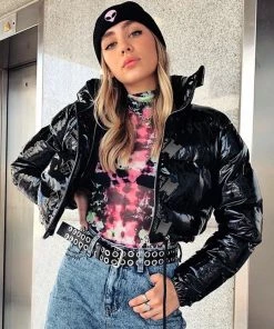 Trendy & Unique Glossy High Neck Long Sleeve Cropped Down Puffer Coat - Black What's New