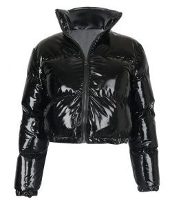 Trendy & Unique Glossy High Neck Long Sleeve Cropped Down Puffer Coat - Black What's New