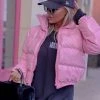 Trendy & Unique Glossy High Neck Long Sleeve Cropped Down Puffer Coat - Pink What's New