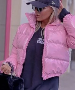 Trendy & Unique Glossy High Neck Long Sleeve Cropped Down Puffer Coat - Pink What's New