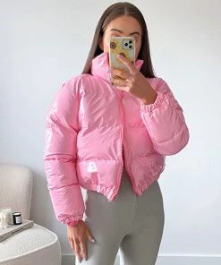 Trendy & Unique Glossy High Neck Long Sleeve Cropped Down Puffer Coat - Pink What's New