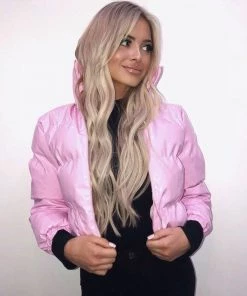 Trendy & Unique Glossy High Neck Long Sleeve Cropped Down Puffer Coat - Pink What's New