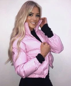 Trendy & Unique Glossy High Neck Long Sleeve Cropped Down Puffer Coat - Pink What's New