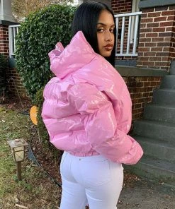 Trendy & Unique Glossy High Neck Long Sleeve Cropped Down Puffer Coat - Pink What's New