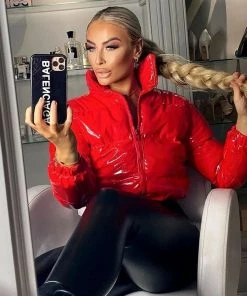 Trendy & Unique Glossy High Neck Long Sleeve Cropped Down Puffer Coat - Red What's New