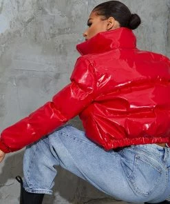 Trendy & Unique Glossy High Neck Long Sleeve Cropped Down Puffer Coat - Red What's New