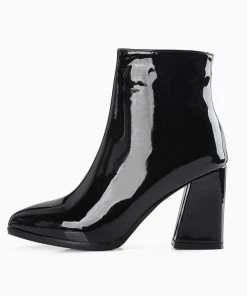 Trendy & Unique Glossy Effect Pointed Toe Chunky Heel Ankle Boots - Black What's New