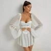 Trendy & Unique What's New Glossy Puff Sleeve Satin Bustier Party Mini Dress - White