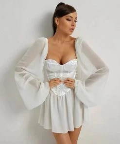 Trendy & Unique What's New Glossy Puff Sleeve Satin Bustier Party Mini Dress - White