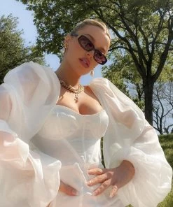 Trendy & Unique What's New Glossy Puff Sleeve Satin Bustier Party Mini Dress - White