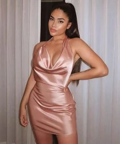 Trendy & Unique Glossy Satin Backless Cowl Neck Halter Party Mini Dress - Dusty Pink