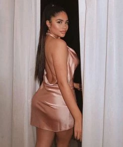 Trendy & Unique Glossy Satin Backless Cowl Neck Halter Party Mini Dress - Dusty Pink