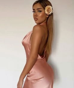 Trendy & Unique Glossy Satin Backless Cowl Neck Halter Party Mini Dress - Dusty Pink