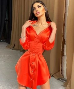 Trendy & Unique What's New Glossy Satin Belted Button Down Shirt Mini Dress - Burnt Orange