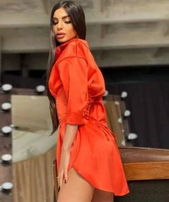 Trendy & Unique What's New Glossy Satin Belted Button Down Shirt Mini Dress - Burnt Orange